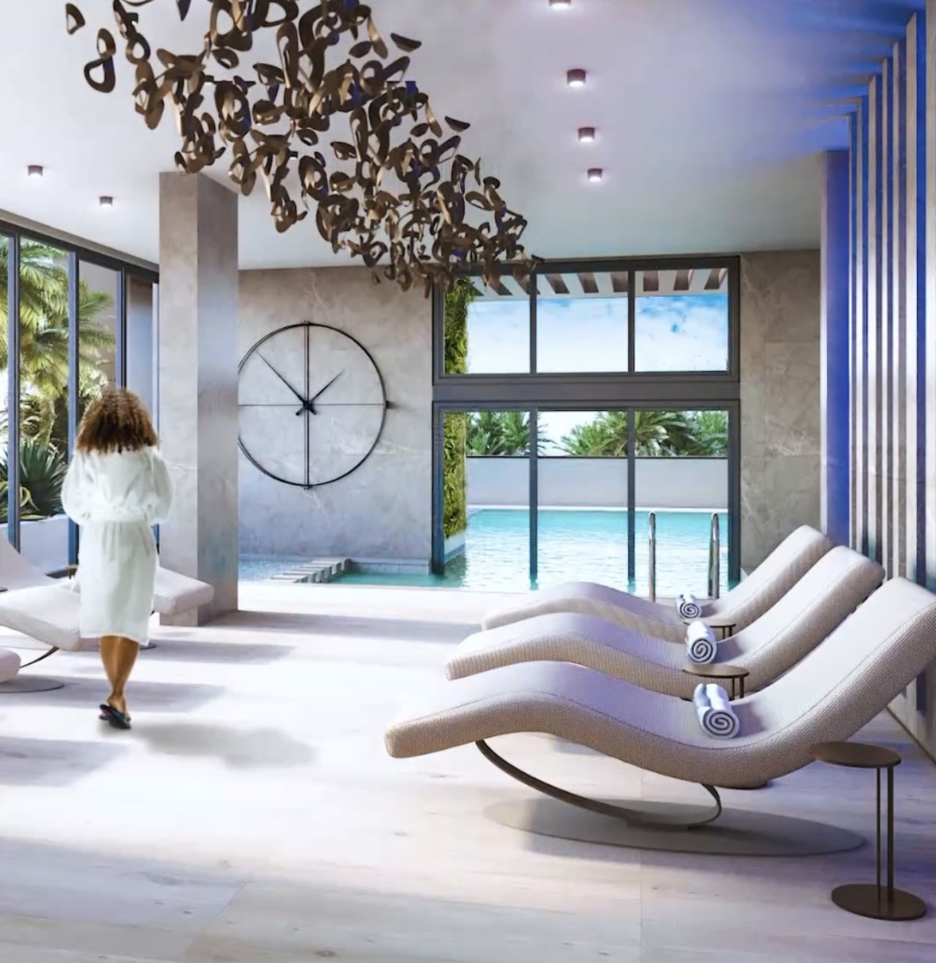 Spa lounge with pool view and chaise loungers